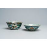 Two Chinese famille verte bowls with figures in a landscape and 'Shou', 19th C.