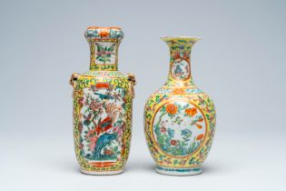 Two Chinese famille rose yellow ground vases with antiquities and floral design, 19th C.