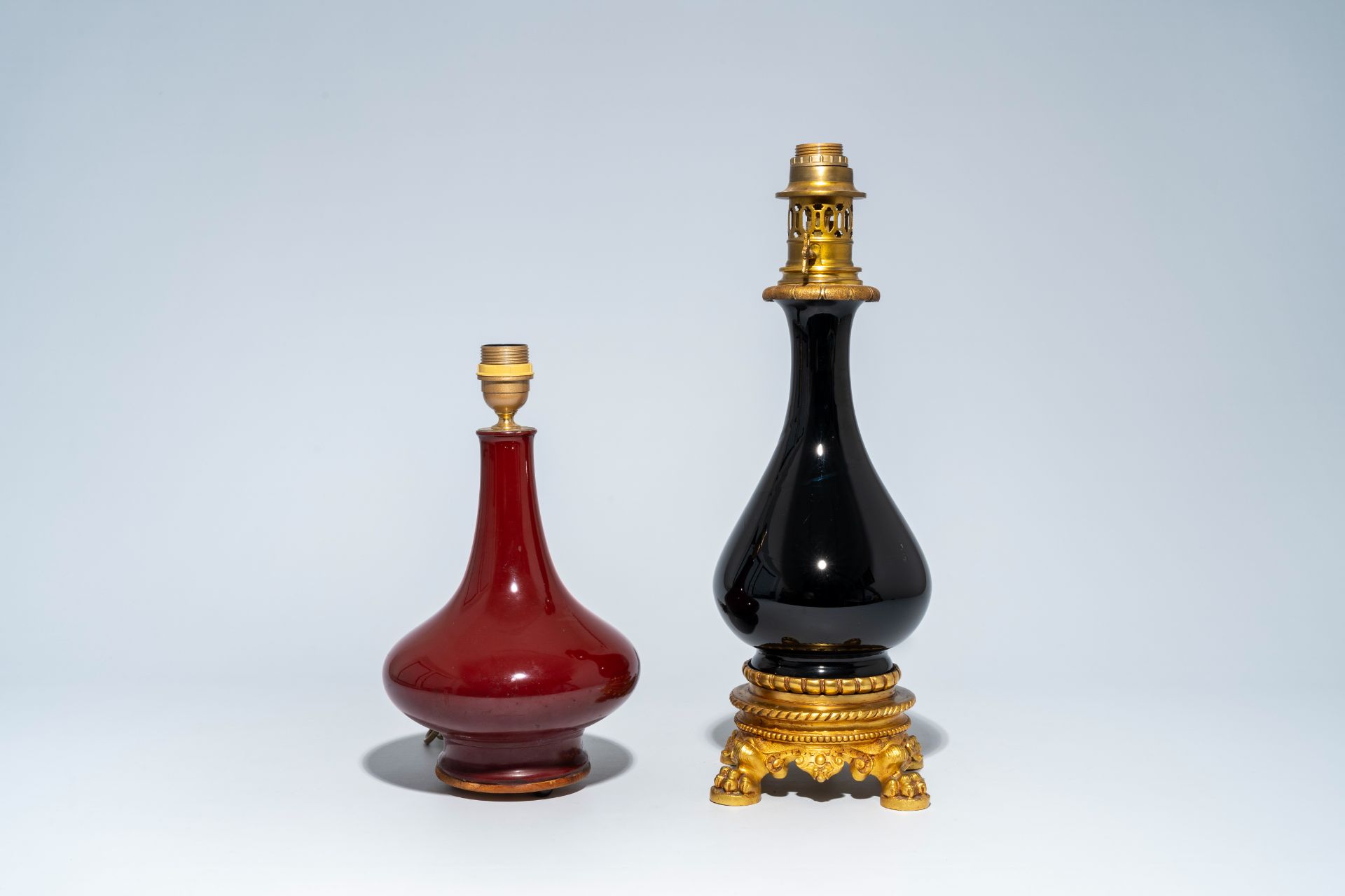 A Chinese monochrome red vase mounted as a lamp and a gilt bronze mounted black glass vase, 19th/20t - Image 2 of 6