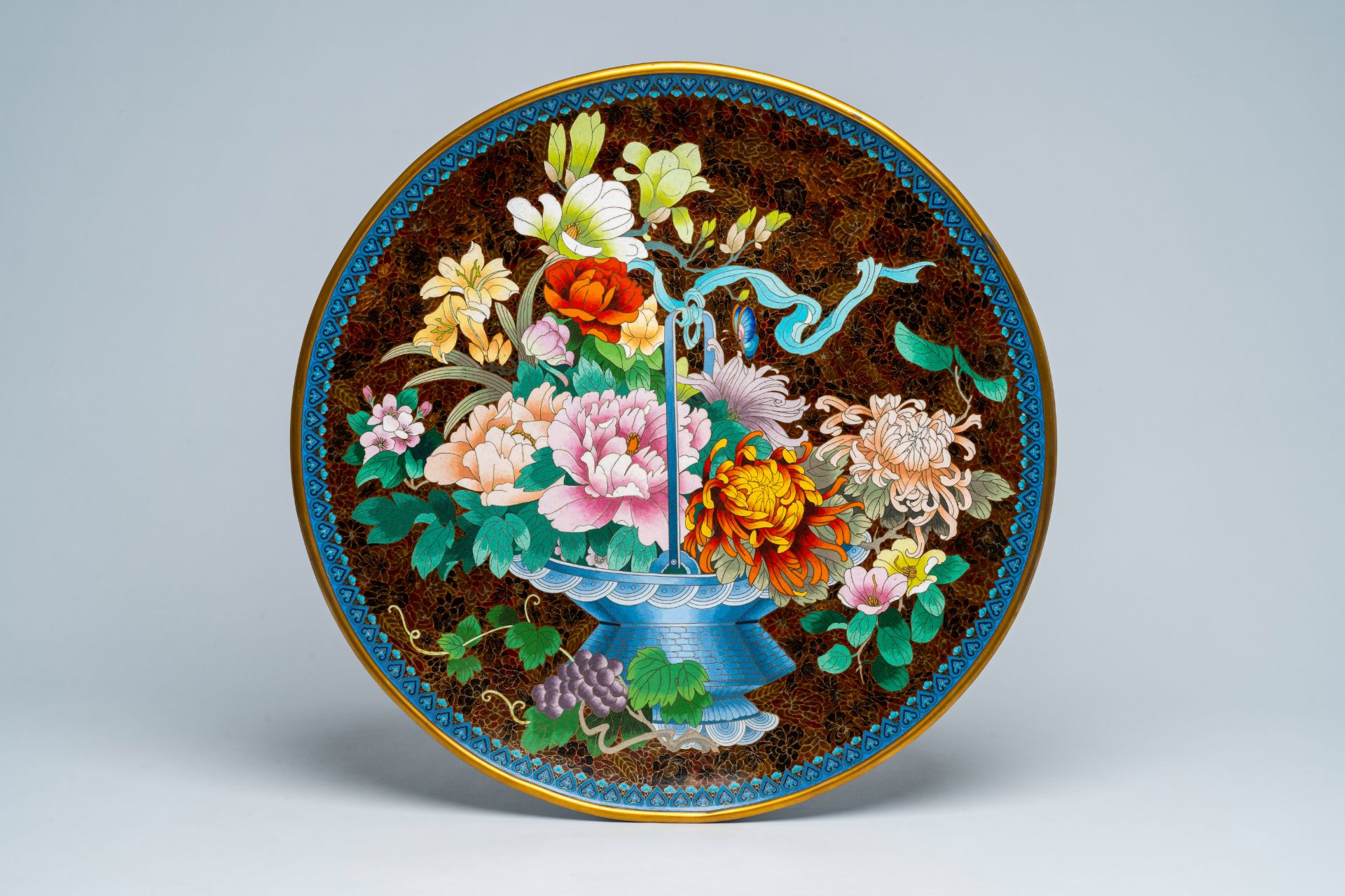 An impressive Chinese cloisonnÃ© 'flower basket' charger, 20th C. - Image 2 of 3