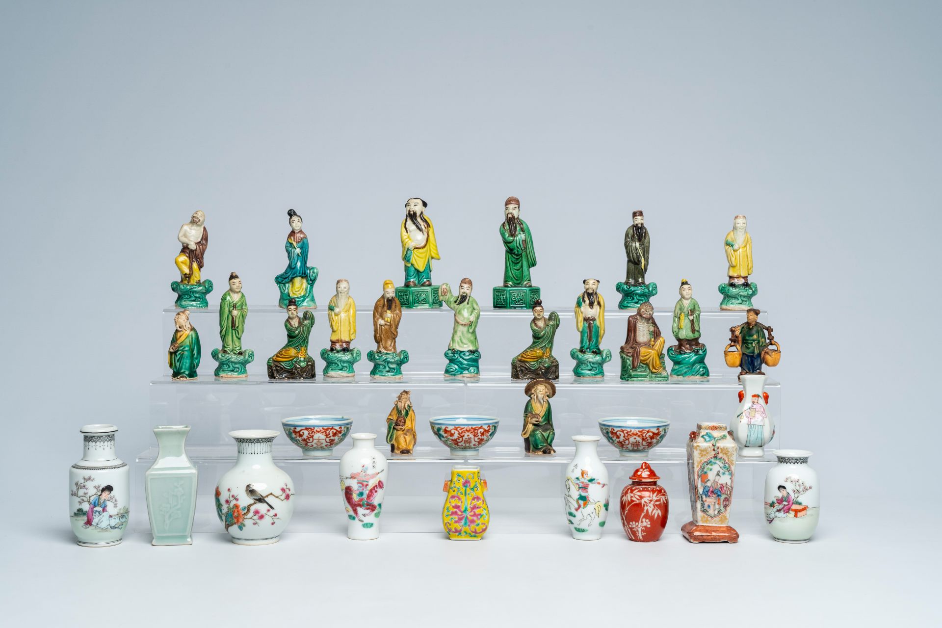 A varied collection of Chinese famille rose and celadon doll's house miniature vases and sancai glaz - Image 3 of 8