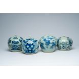 Four various Chinese blue and white celadon ground jars and covers, 19th C.