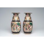 A pair of Chinese Nanking crackle glazed famille rose 'warrior' vases, 19th C.