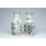 Two Chinese famille rose and qianjiang cai vases with antiquities and an animated landscape, 19th/20