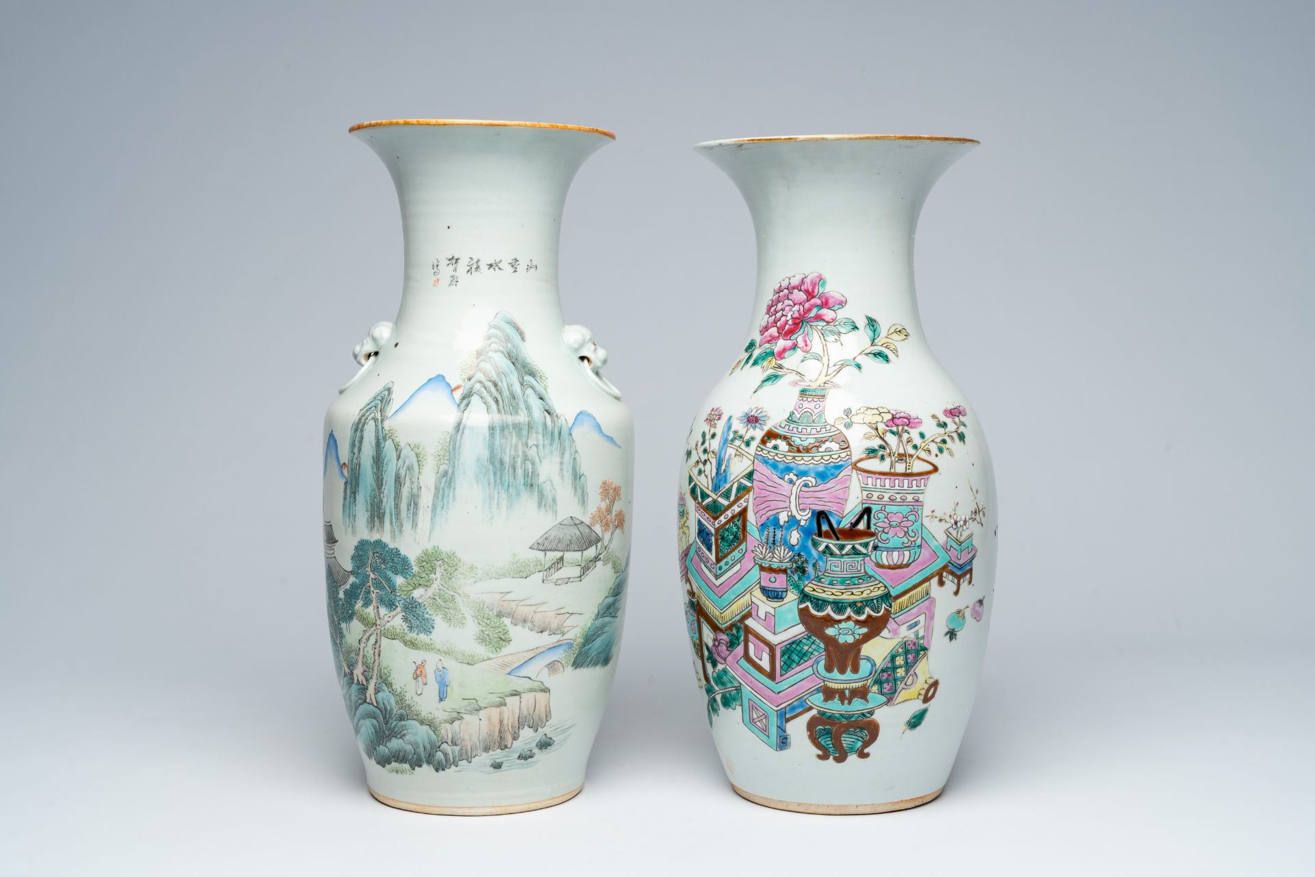 Two Chinese famille rose and qianjiang cai vases with antiquities and an animated landscape, 19th/20