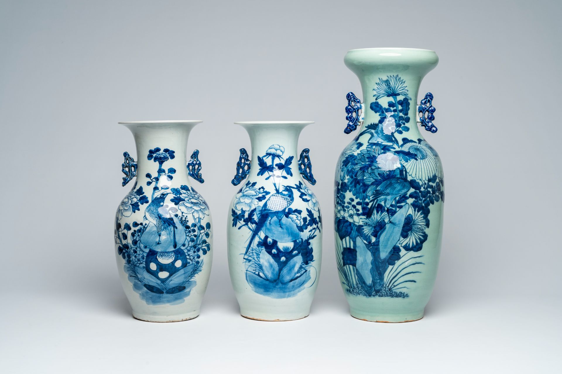 Three Chinese blue and white celadon ground vases with birds among blossoming branches, 19th C. - Image 2 of 7