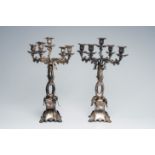 A pair of Swedish silver-plated twisted tree trunk-shaped five-light candlesticks, makers' mark A.G.