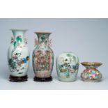 Two various Chinese famille rose vases, a ginger jar and a Canton famille rose spittoon with palace