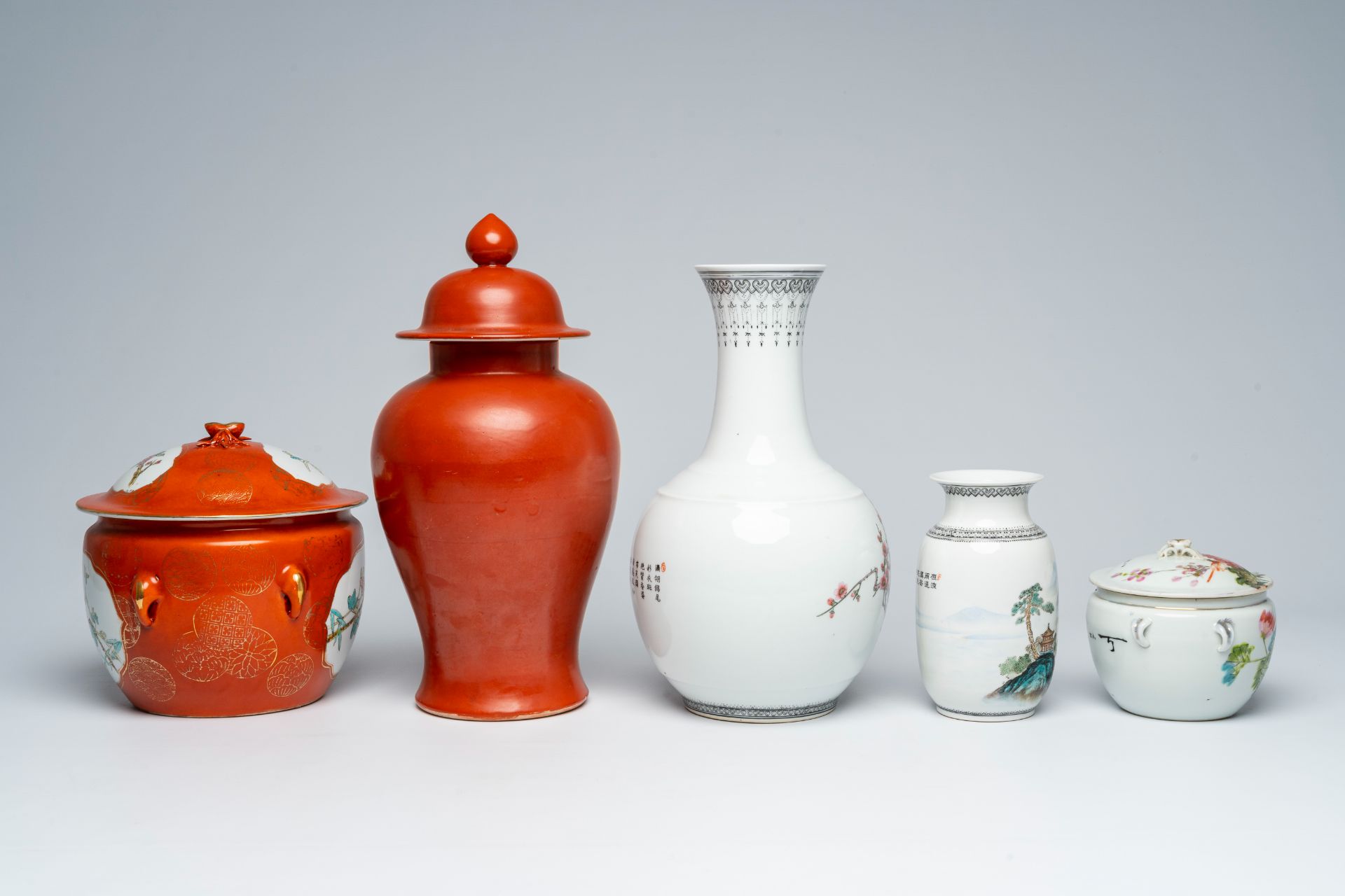 A varied collection of Chinese polychrome porcelain comprising two jars and covers and three vases, - Image 5 of 9