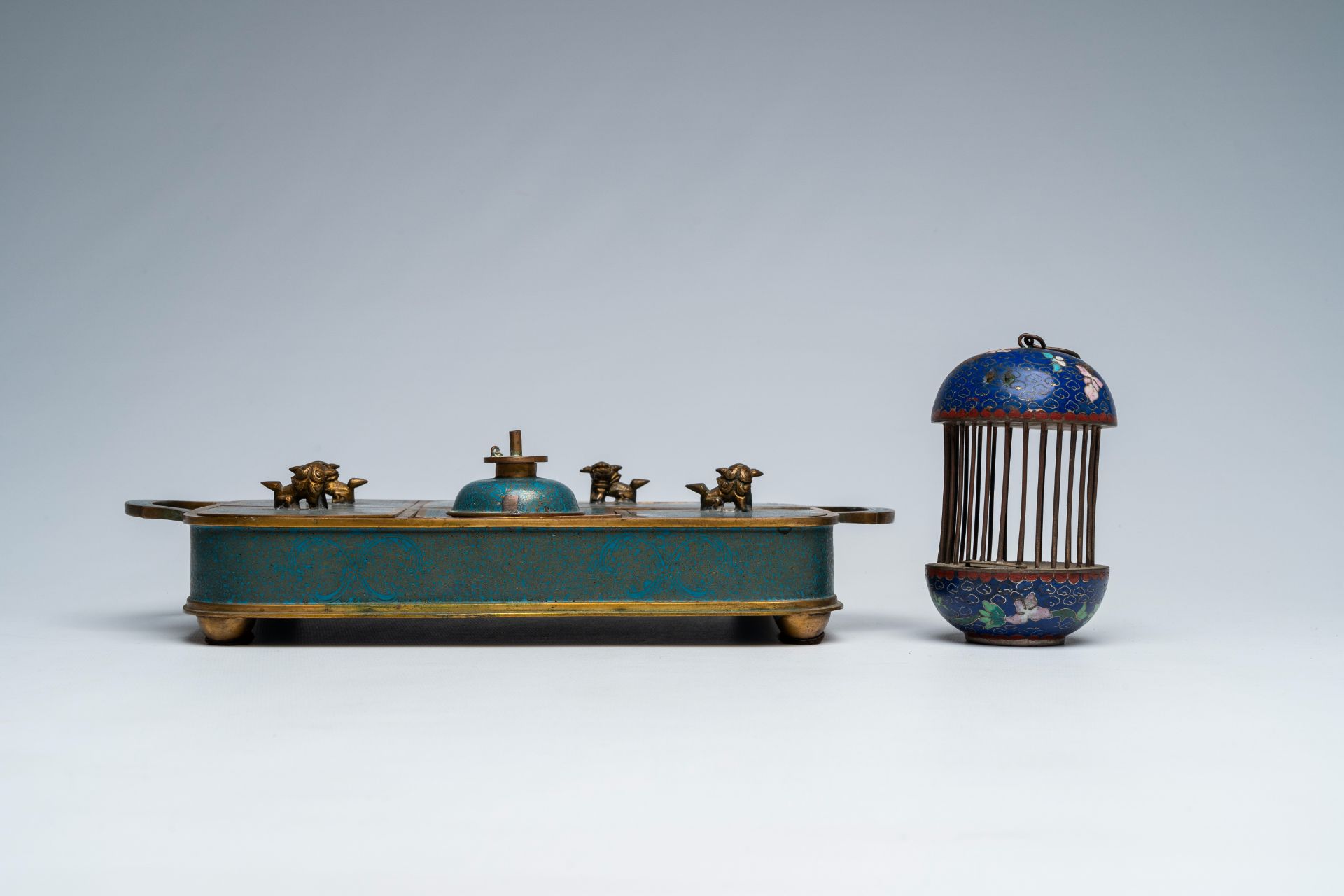 A Chinese blue and white strainer, a collection of cloisonne and a necklace of inside painted glass - Image 7 of 13