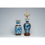 Two Chinese Nanking crackle glazed blue and white vases with birds among blossoming branches, one of