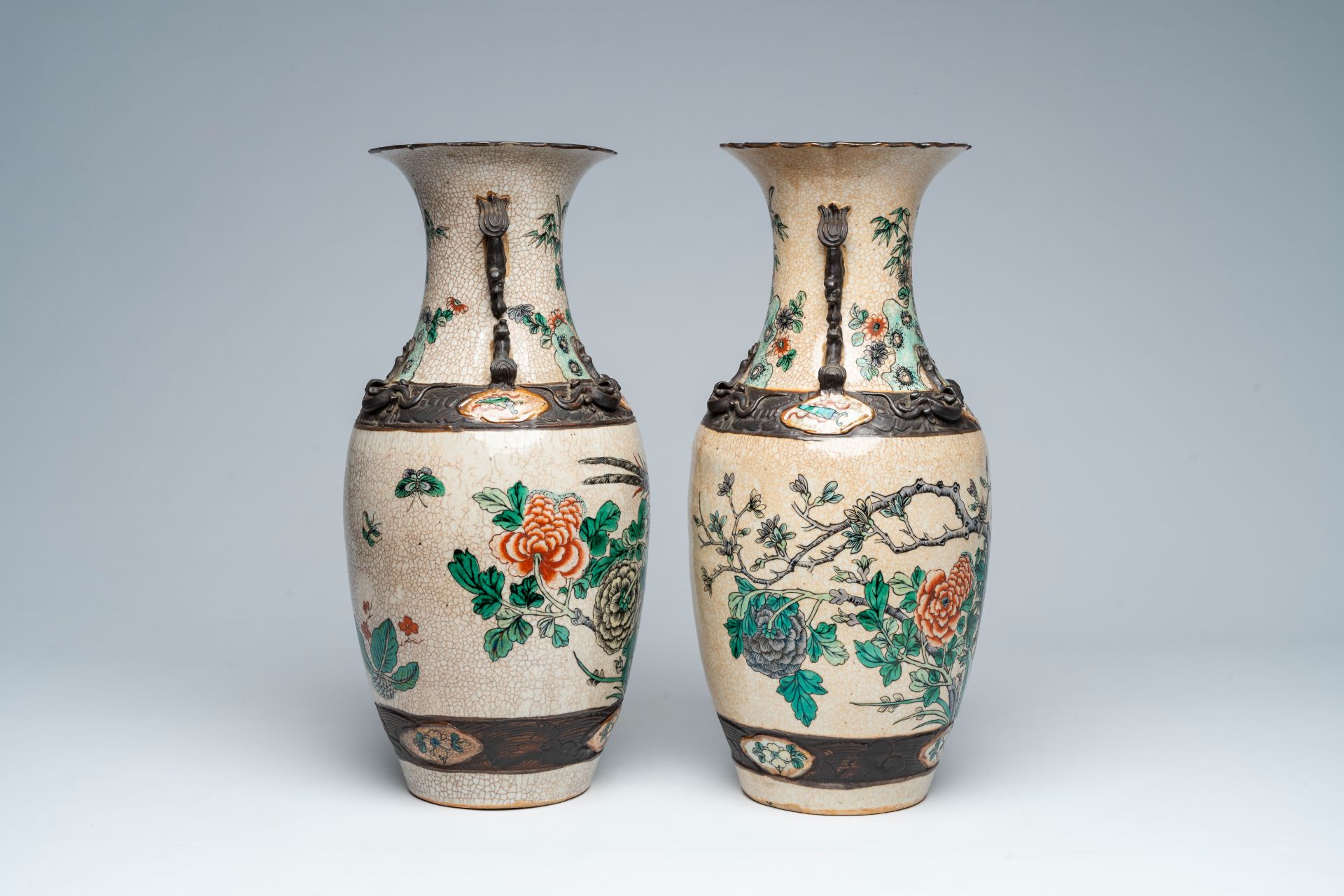 A pair of Chinese Nanking crackle glazed famille verte vases with a bird among blossoming branches, - Image 4 of 6