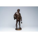 Emile Louis Picault (1833-1915): 'Escholier 14me SiÃ¨cle', brown patinated bronze