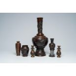 Six various Japanese bronze vases with relief design, Meiji, 19th/20th C.