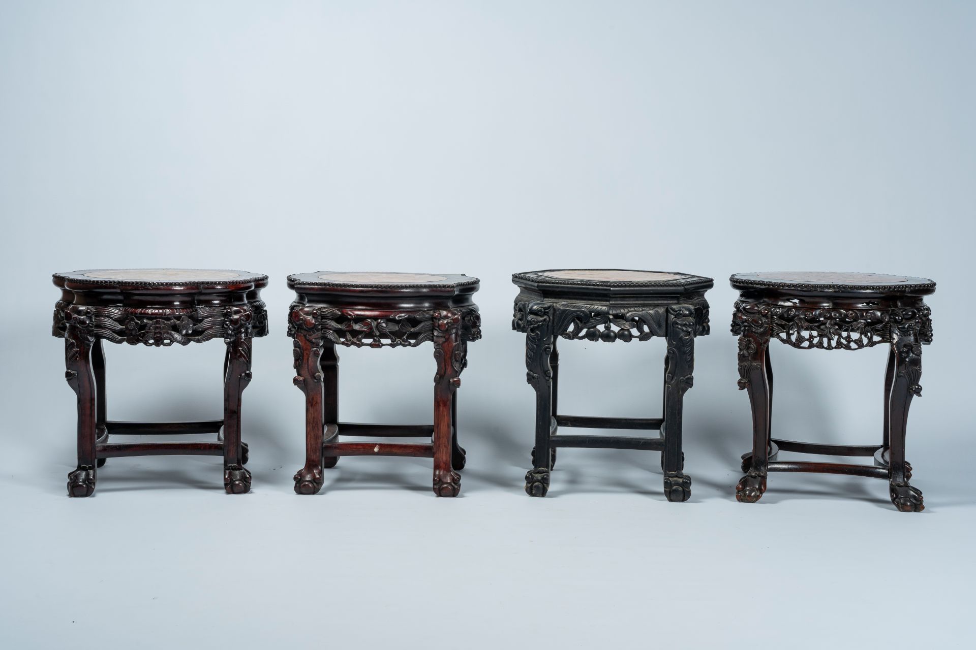 Four Chinese open worked carved wood stands with marble top, 19th/20th C. - Image 5 of 7