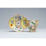 A Chinese famille rose Meissen style quatrefoil beaker and saucer with galant scenes, Augustus Rex m