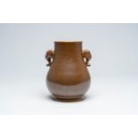 A Chinese monochrome brown 'hu' vase, Qianlong mark, 19th C.