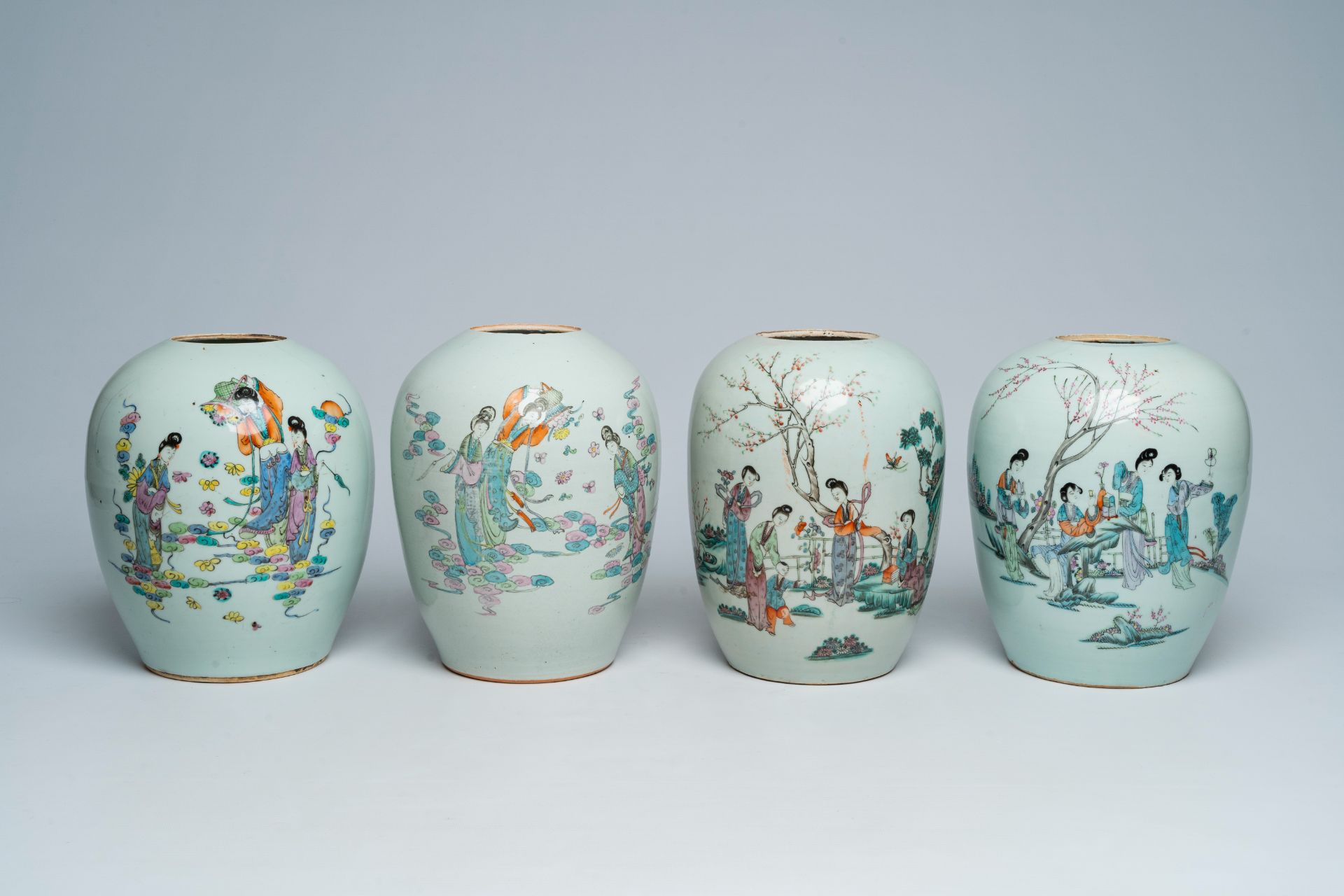 Four Chinese famille rose ginger jars with ladies, 19th/20th C.