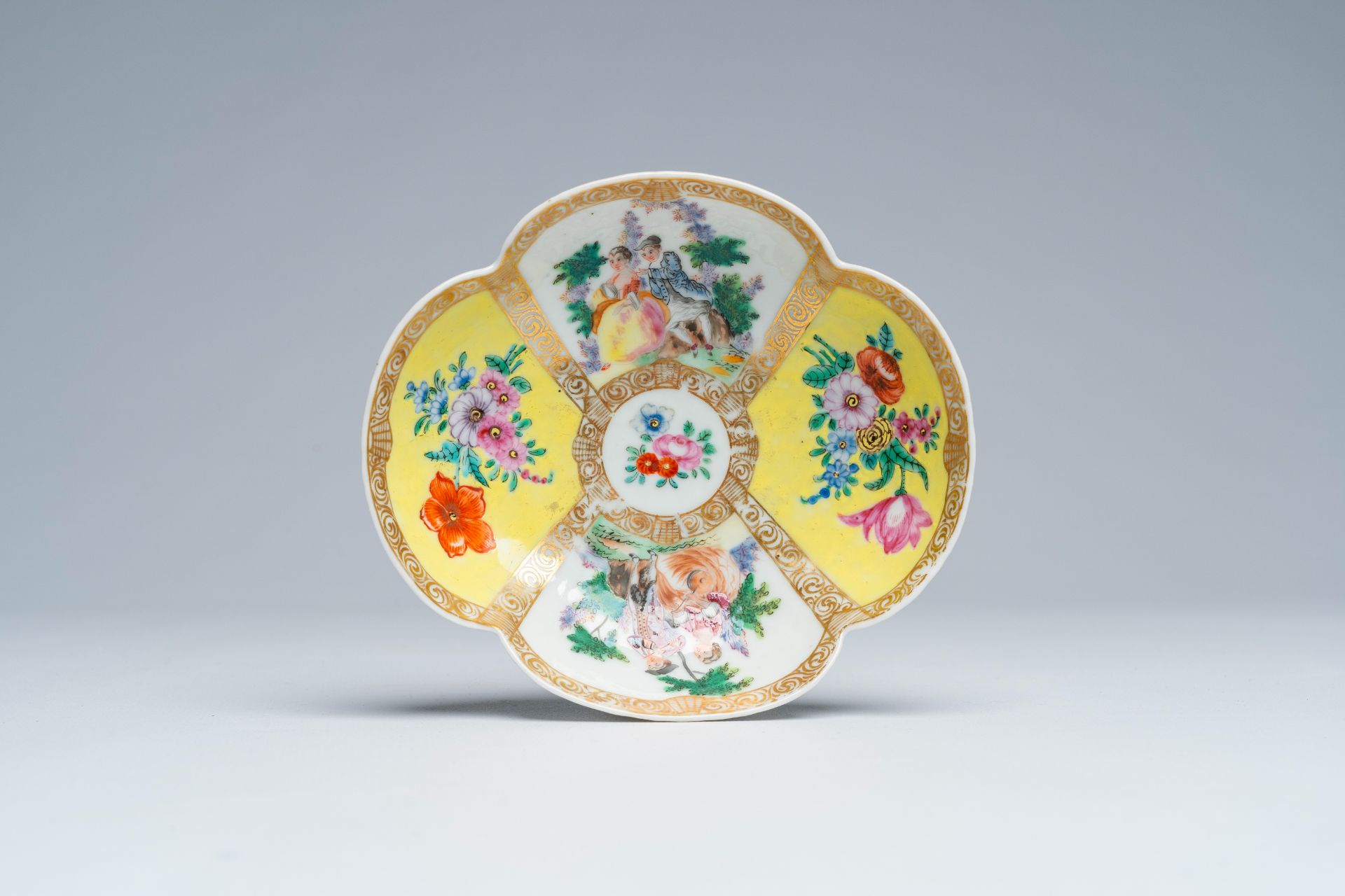 A Chinese famille rose Meissen style quatrefoil beaker and saucer with galant scenes, Augustus Rex m - Image 2 of 8