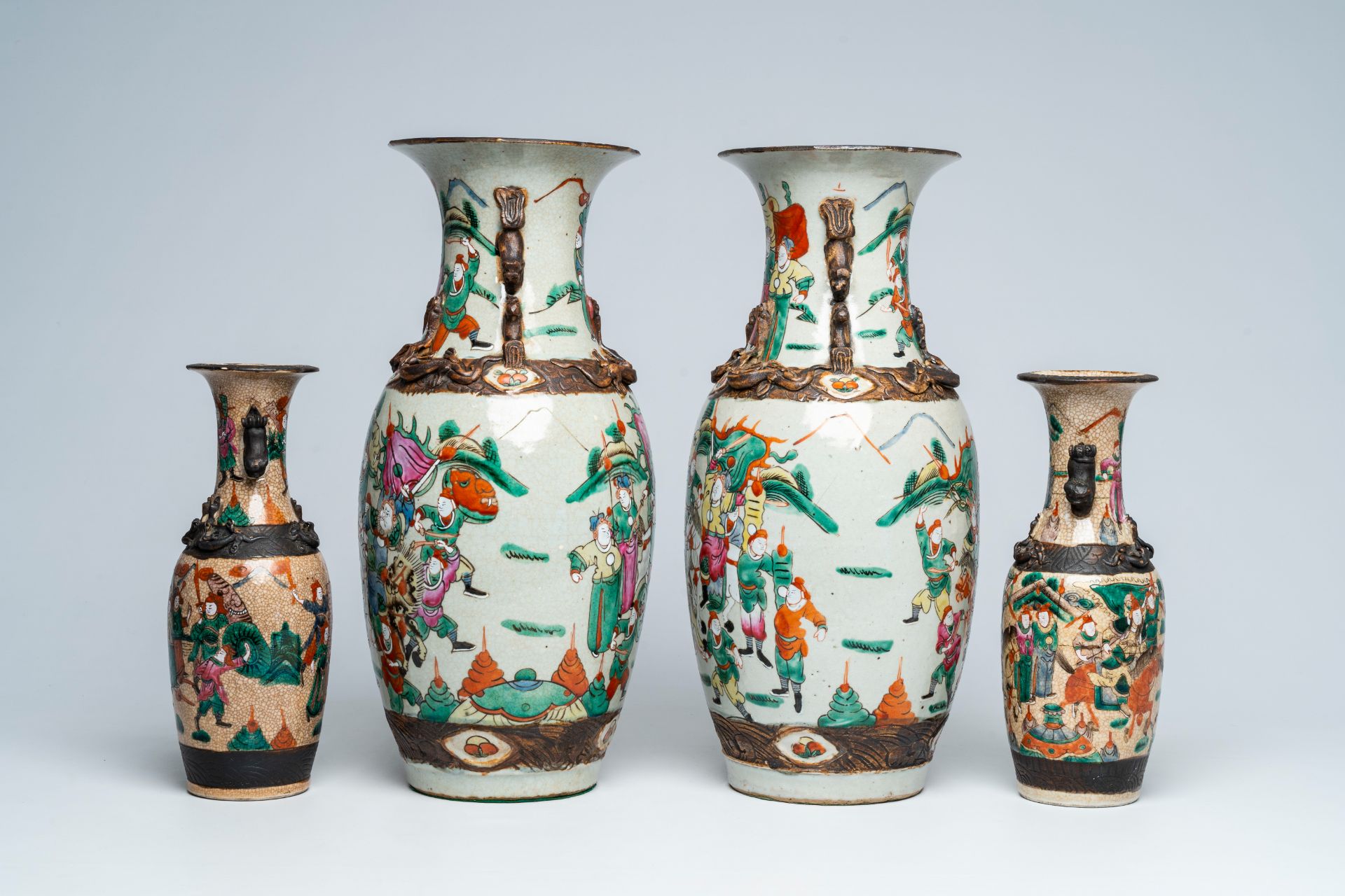 Four Chinese Nanking crackle glazed famille rose 'warrior' vases, 19th C. - Image 4 of 6