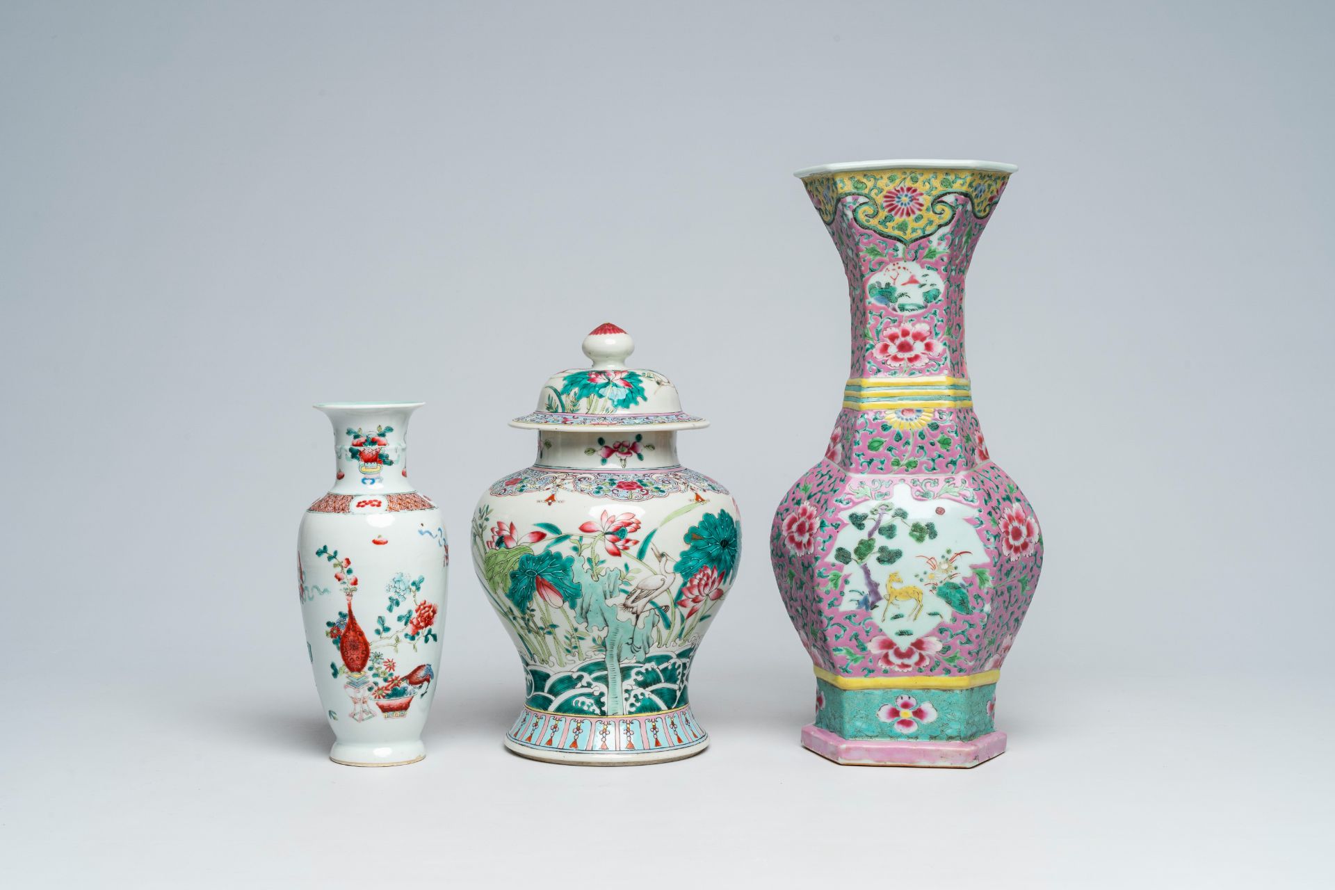 Three Chinese famille rose vases with floral design, 19th C. - Image 2 of 7