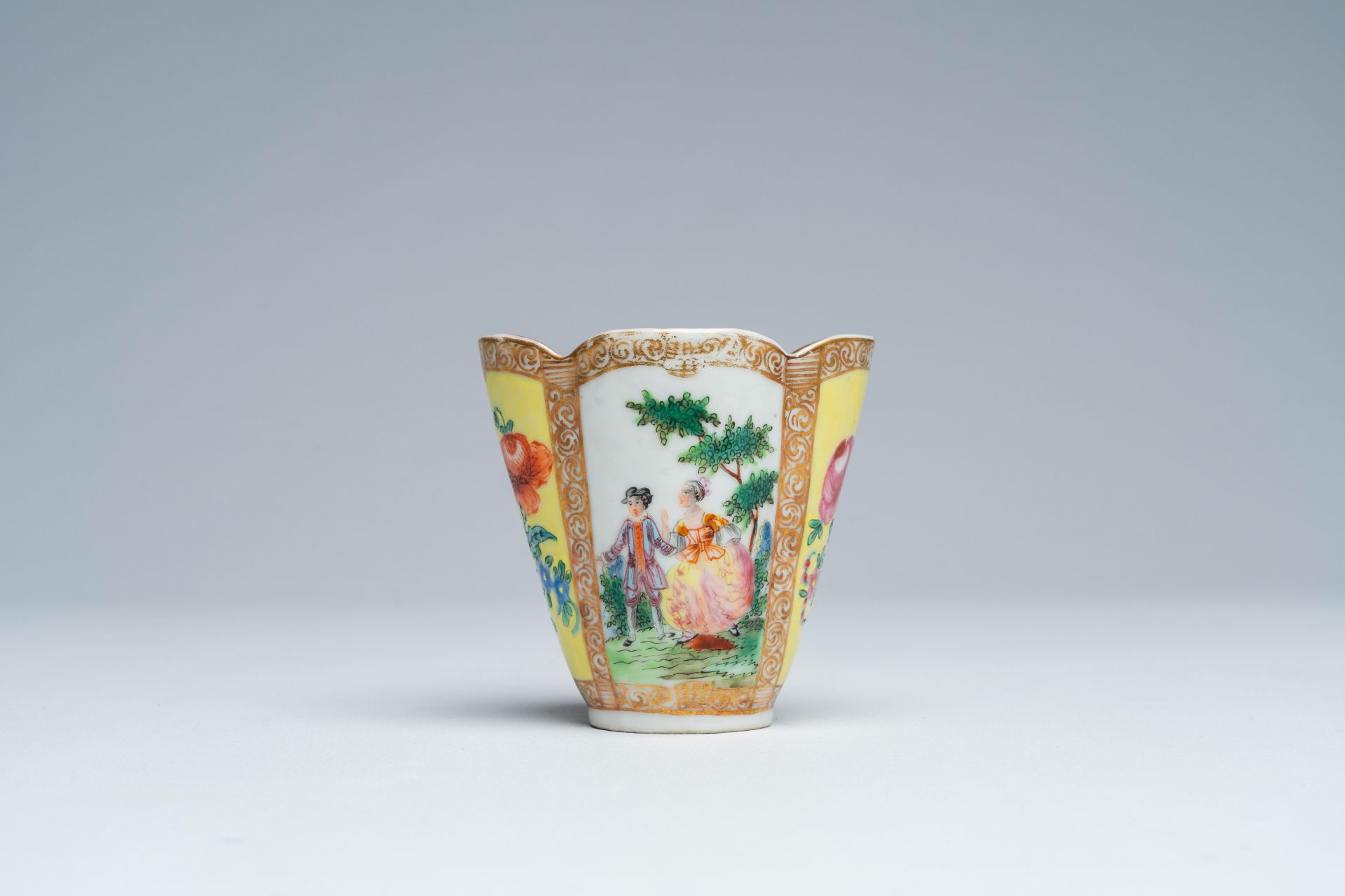 A Chinese famille rose Meissen style quatrefoil beaker and saucer with galant scenes, Augustus Rex m - Image 3 of 8