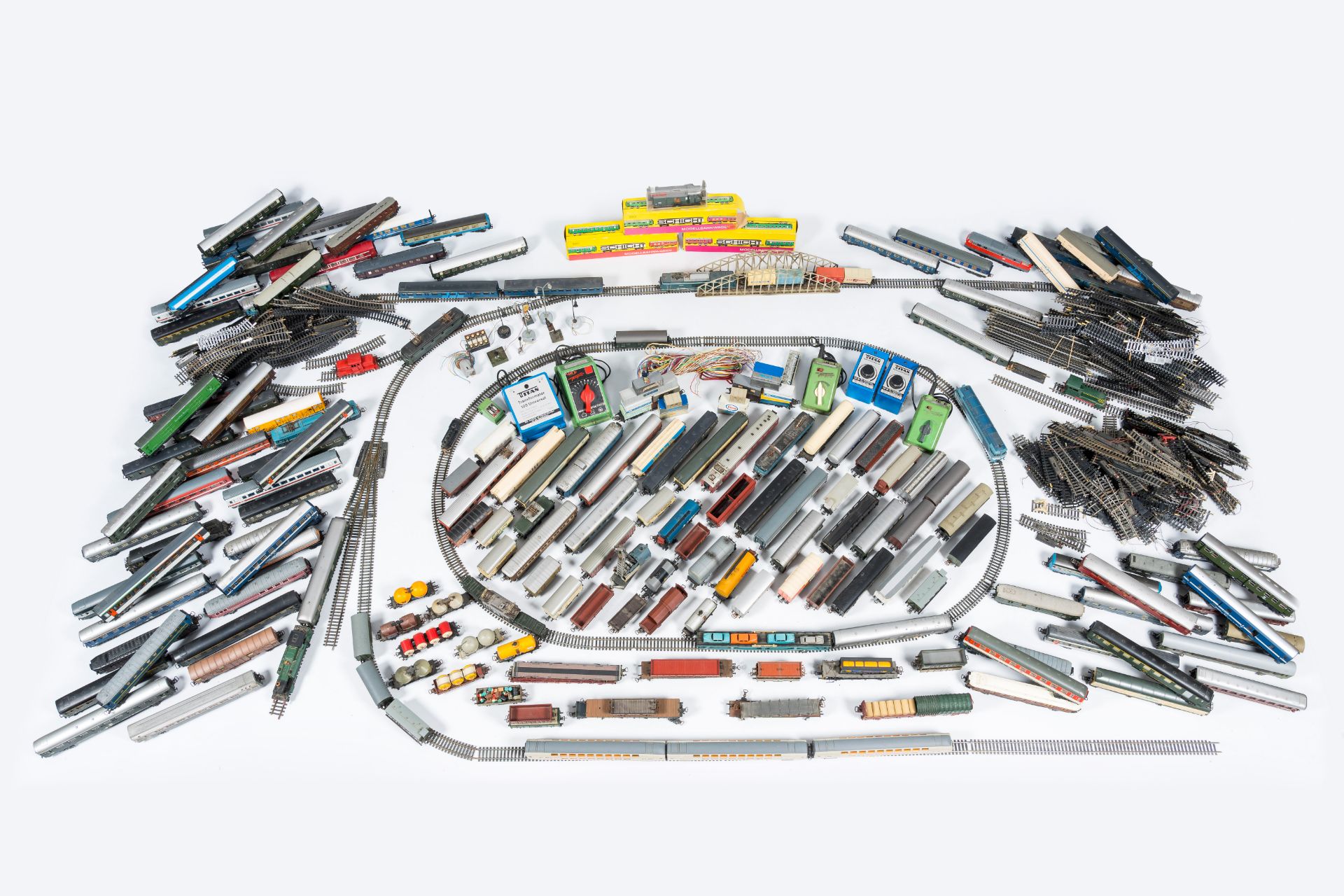 A large and varied collection of toy trains and attributes, various origins (a.o. Marklin), 20th C.