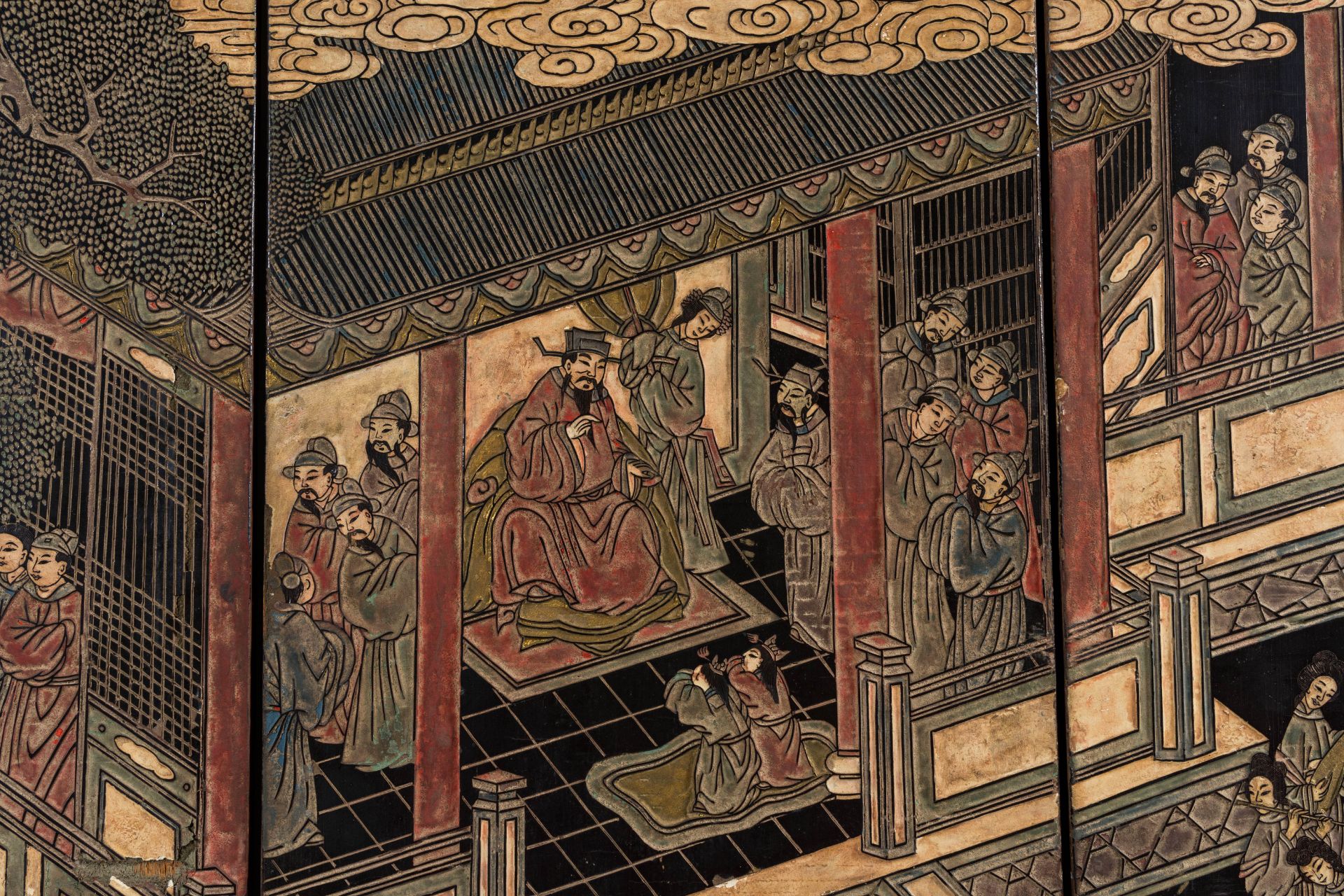A Chinese eight-screen lacquered coromandel wood room divider, 19th C. - Image 10 of 13