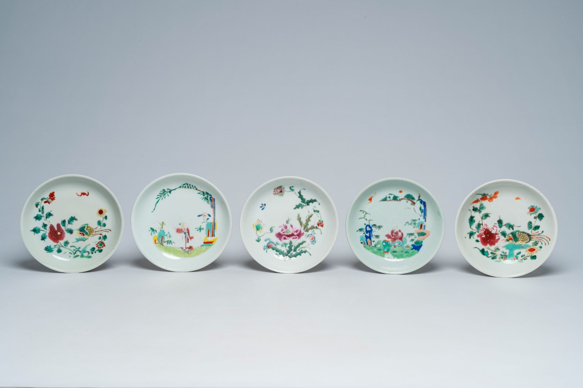 A Chinese famille rose vase after a Japanese example and ten famille rose dishes with animated scene - Image 12 of 17