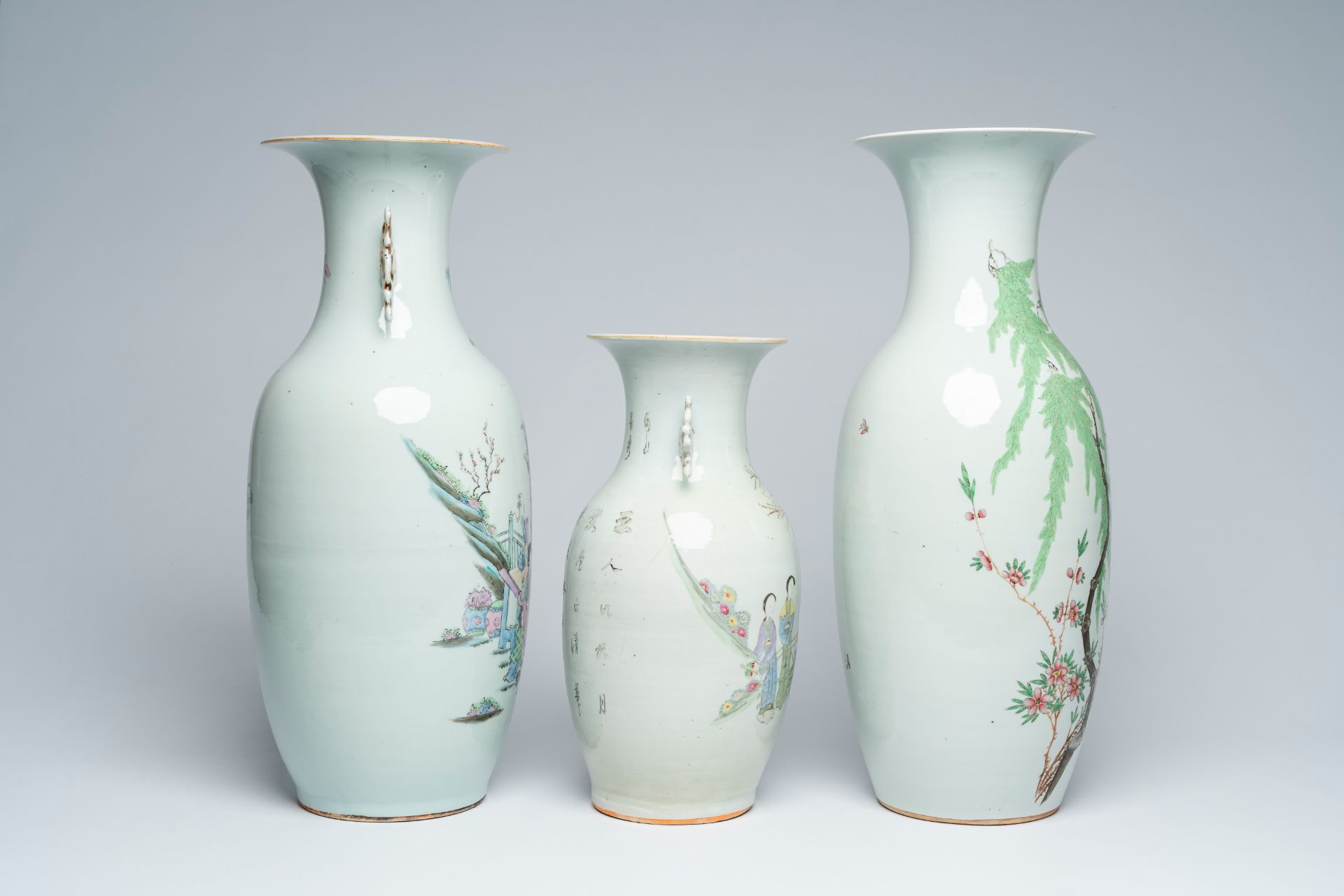 Three Chinese qianjiang cai vases with ladies in a garden and birds among blossoming branches, 19th/ - Image 5 of 7