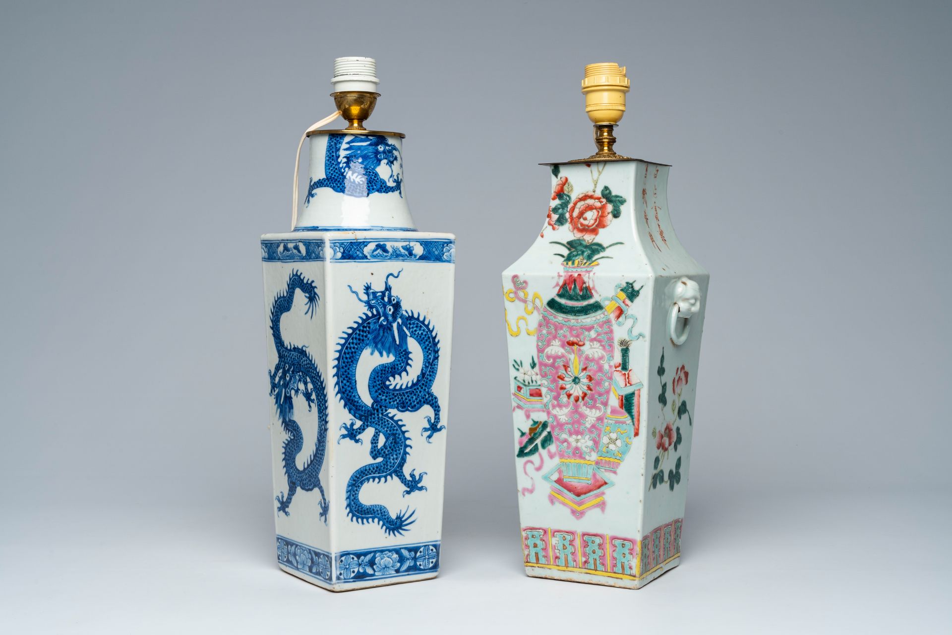 Two Chinese square blue, white and famille rose vases with dragons and antiquities mounted as lamps, - Image 8 of 8