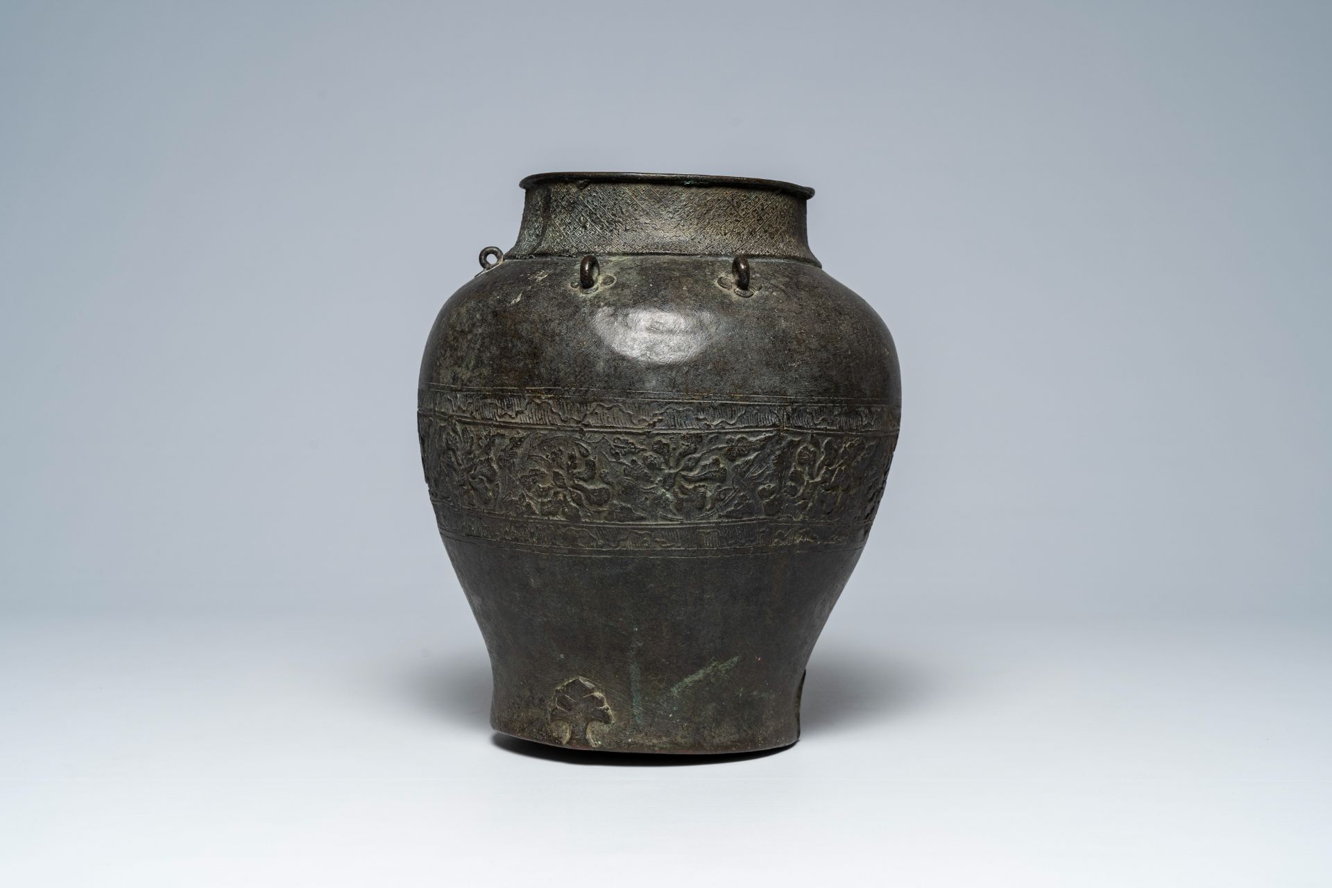 A Japanese or Korean bronze vase with floral relief frieze, probably 17th/18th C. - Image 2 of 6