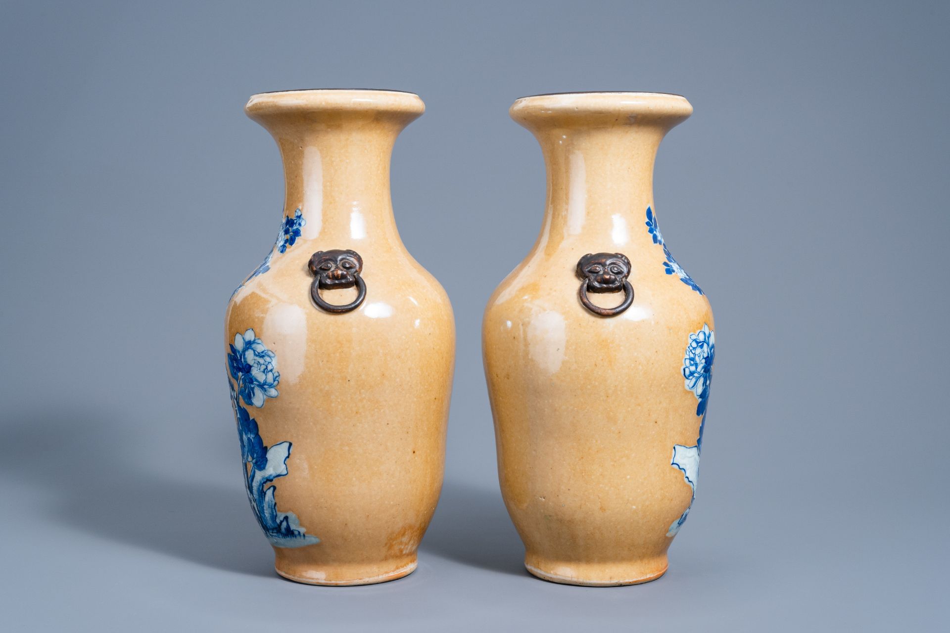 A pair of Chinese Nanking crackle glazed blue and white 'cafÃ© au lait' ground vases with a bird on - Image 2 of 5