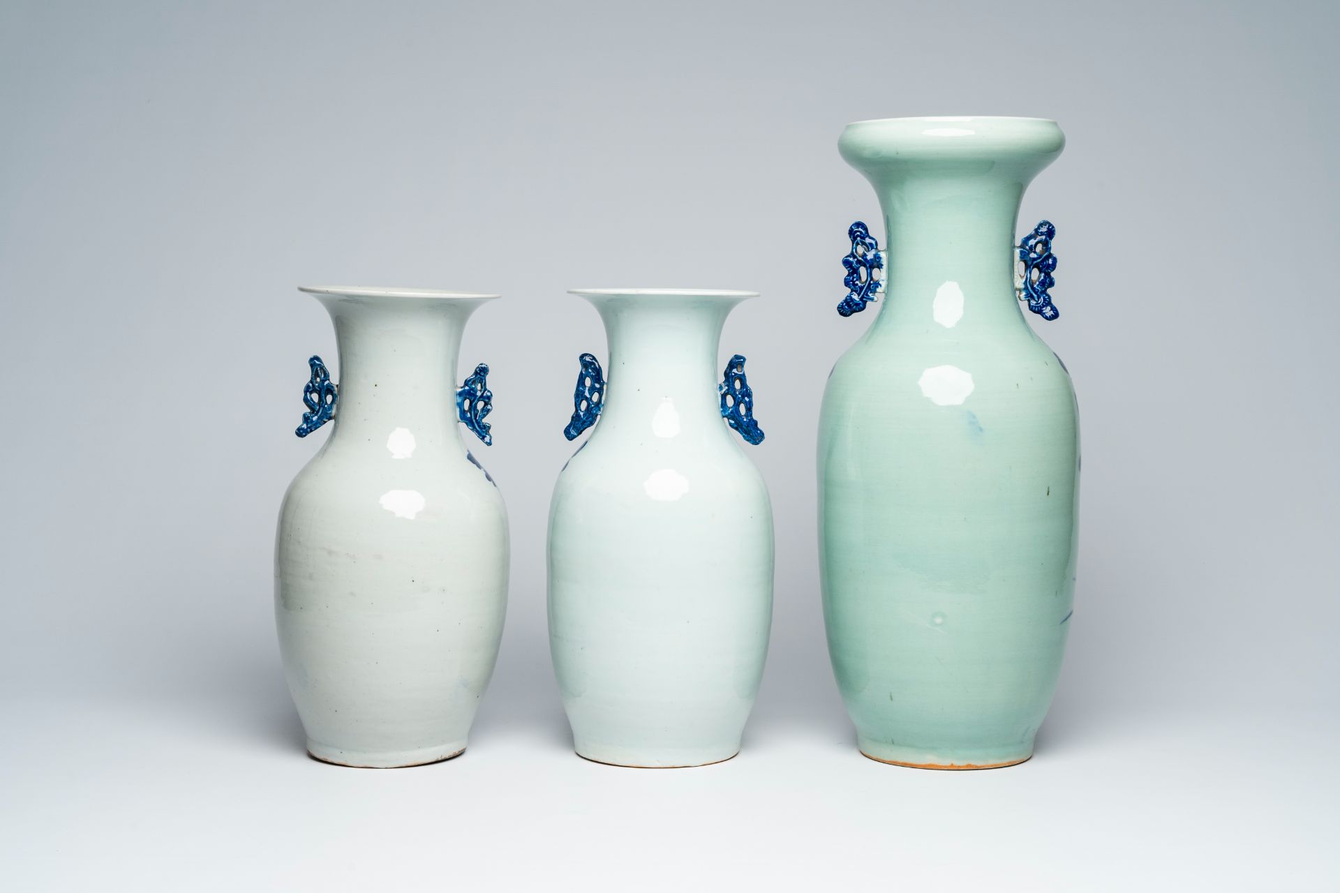 Three Chinese blue and white celadon ground vases with birds among blossoming branches, 19th C. - Image 4 of 7