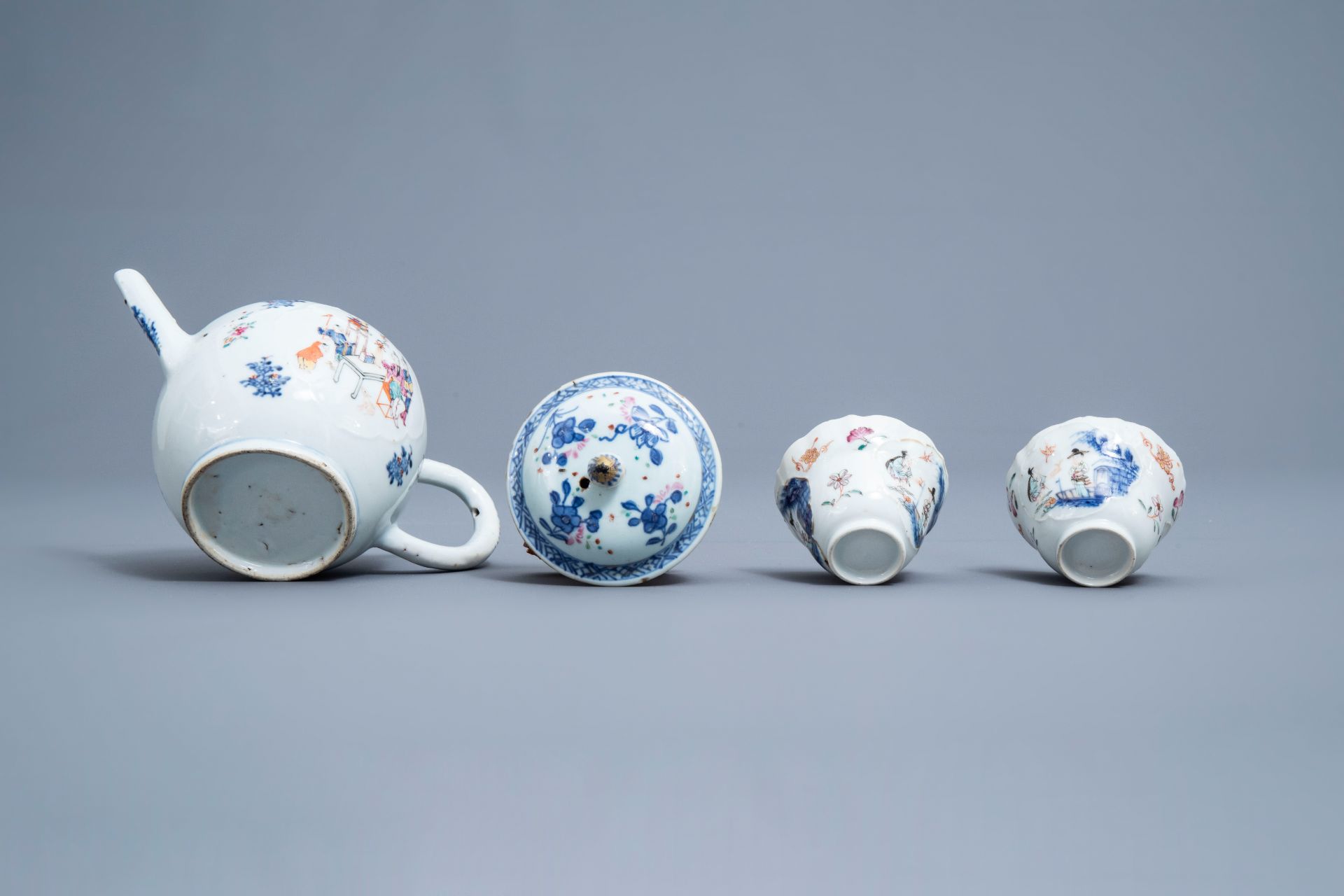 A Chinese famille rose teapot and a pair of cups and saucers, Qianlong - Image 9 of 9