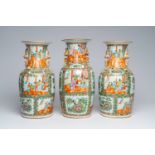Three Chinese Canton famille rose vases with palace scenes and floral design, ca. 1900
