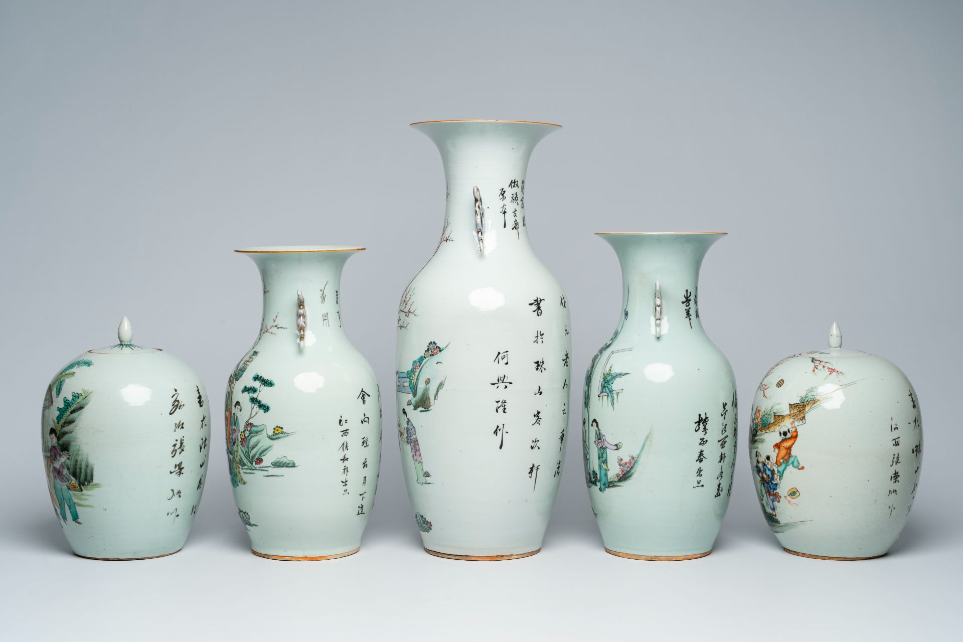 Three Chinese famille rose and qianjiang cai vases with ladies in a garden and two jars and covers, - Image 3 of 11