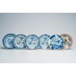 Six Chinese blue, white, famille rose and Imari style plates with figures in a landscape and floral