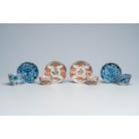 Eight Chinese blue, white and 'Amsterdams bont' Dutch-decorated cups and saucers with floral design,