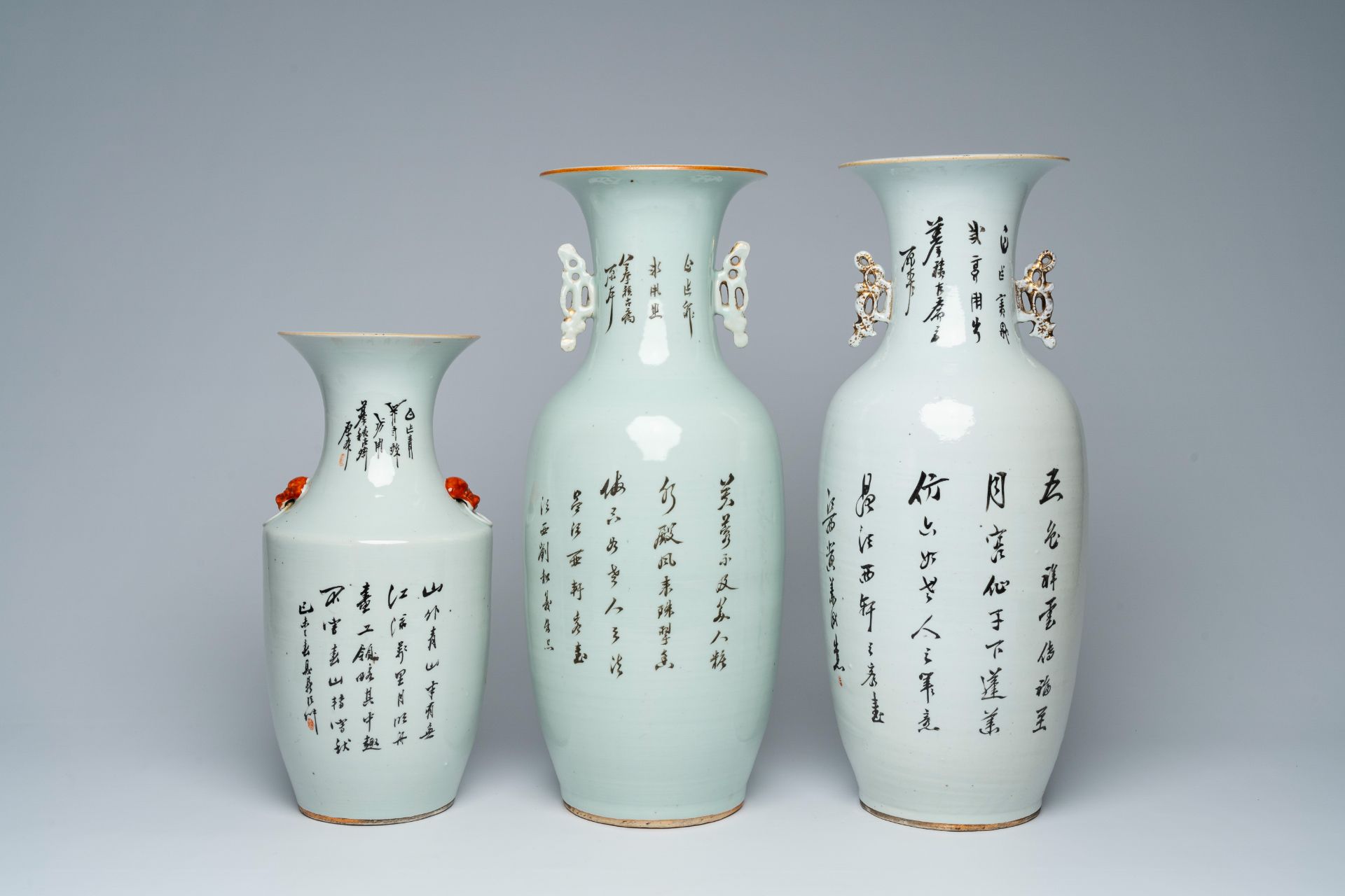 Three Chinese famille rose and qianjiang cai vases with ladies and a landscape, 19th/20th C. - Image 4 of 9