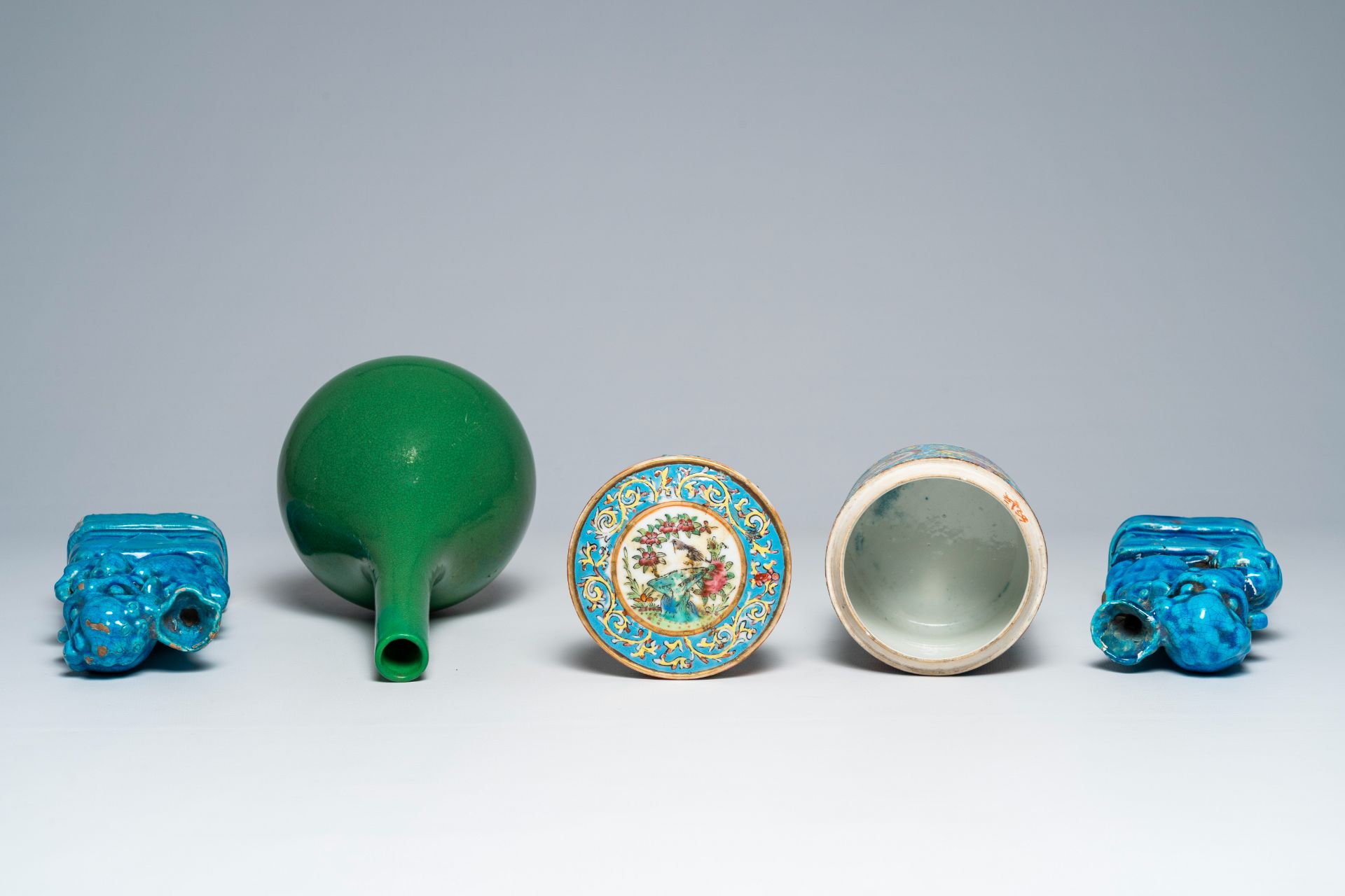 A Chinese Canton famille rose jar and cover, a monochrome green vase and a pair of turquoise glazed - Image 6 of 7