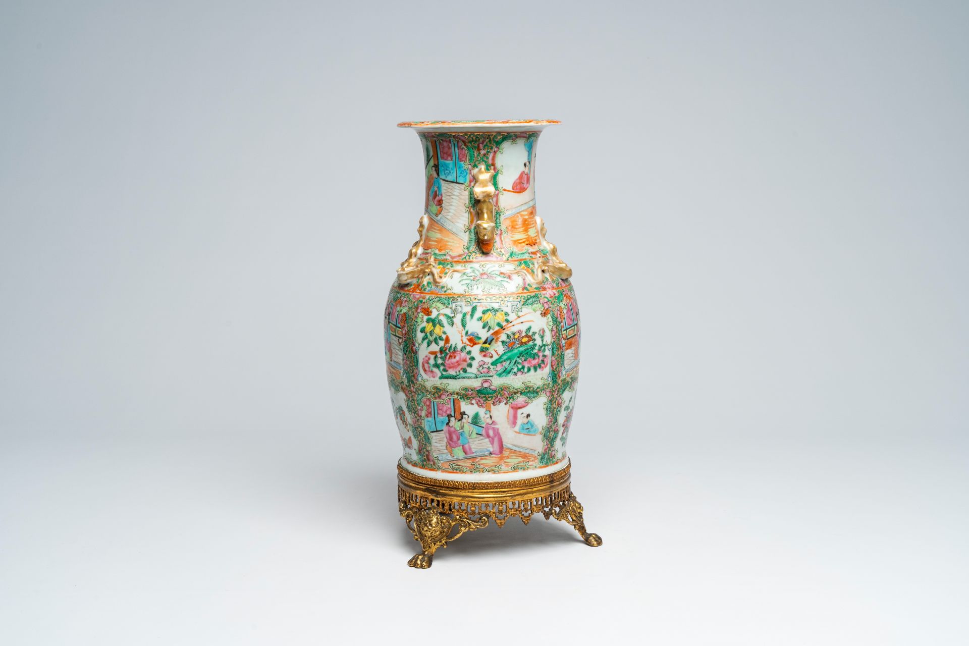 A Chinese Canton famille rose gilt brass mounted vase and a charger with palace scenes and floral de - Image 7 of 9