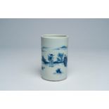 A Chinese blue and white Transitional style brush pot with figures in a landscape, 19th/20th C.