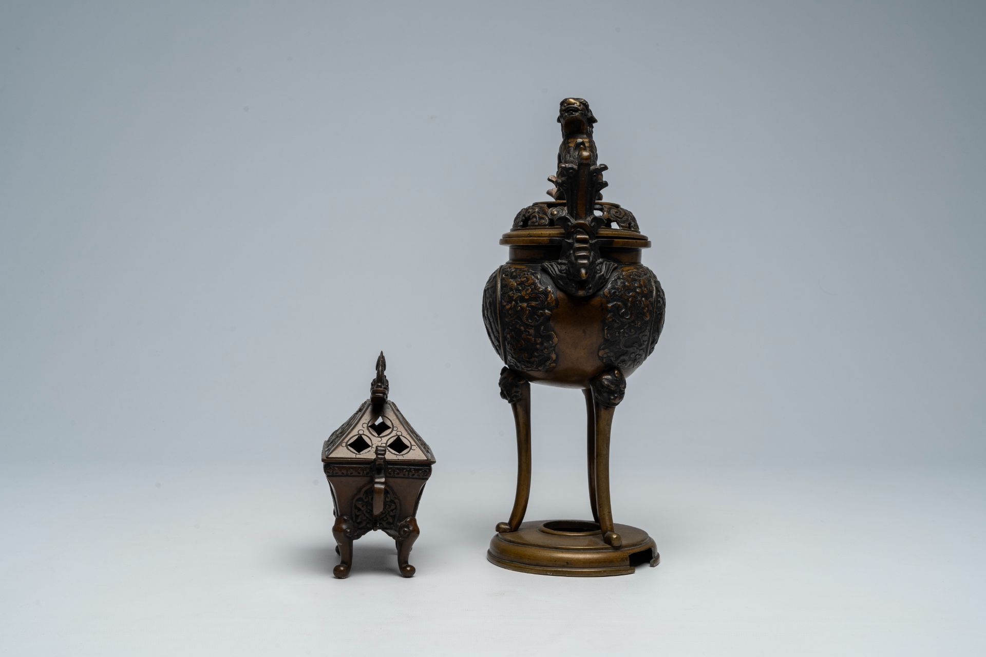 Two Japanese bronze incense burners with relief design, Meiji, 19th C. - Image 3 of 7