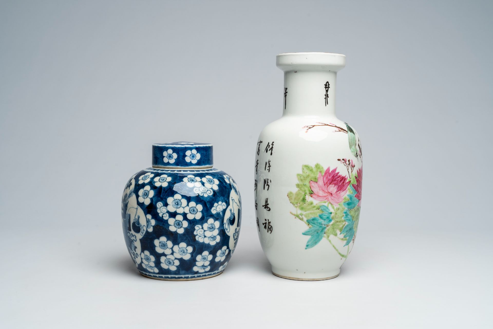 A Chinese qianjiang vai vase and a blue and white prunus on cracked ice ground vase with antiquities - Image 3 of 5