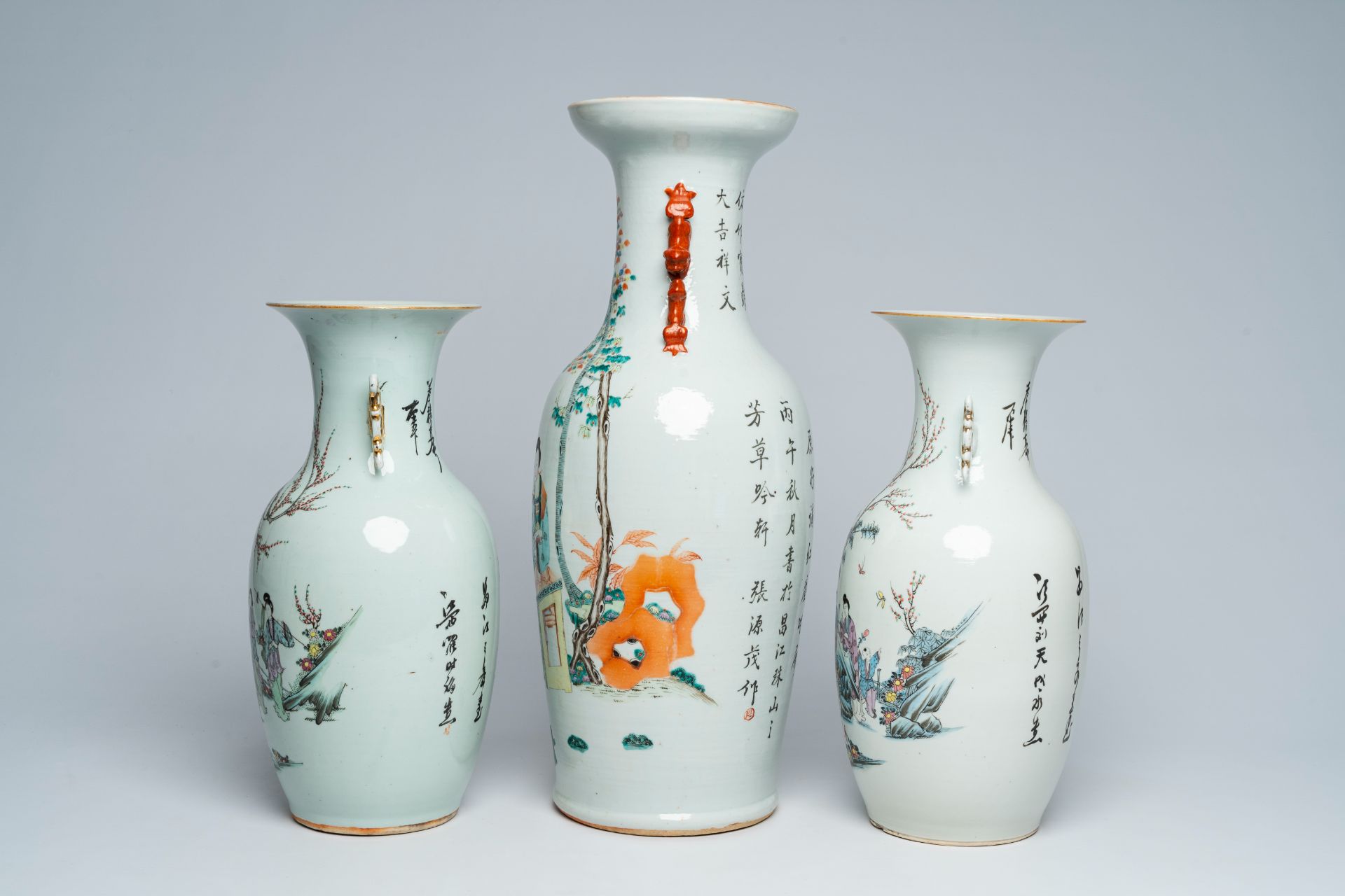 Three Chinese famille rose and qianjiang cai vases with ladies in a garden, 19th/20th C. - Image 2 of 6