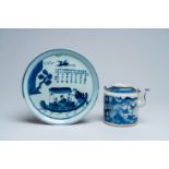 A Chinese blue and white Vietnamese market 'Bleu de Hue' teapot and cover and an 'Immortals' dish, 1