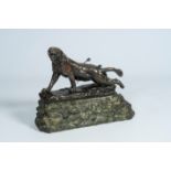 Charles Valton (1851-1918): A wounded lioness, brown patinated bronze on an impressive vert de mer m