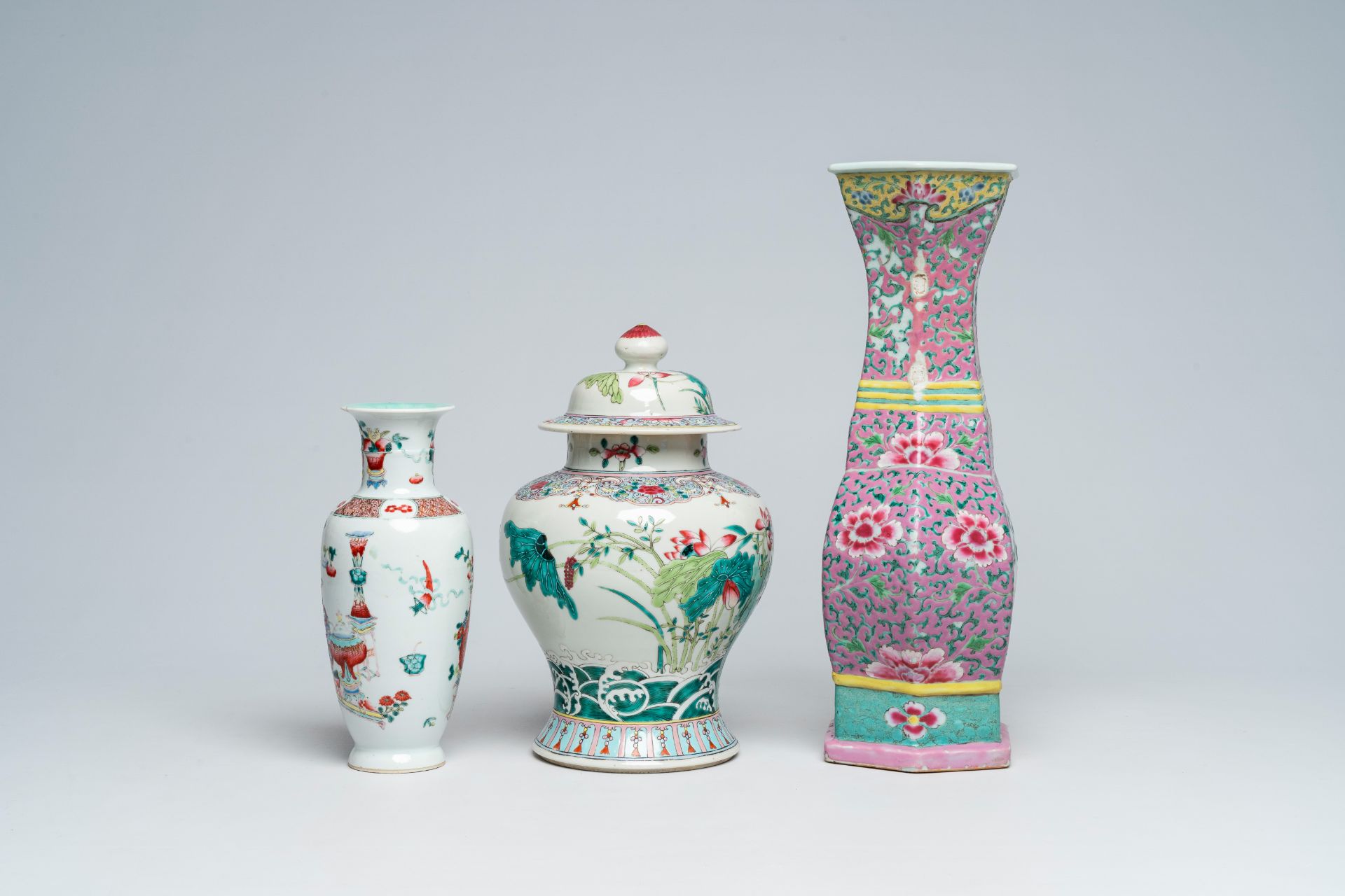 Three Chinese famille rose vases with floral design, 19th C. - Image 5 of 7