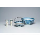 Two Chinese blue and white bowls and a pair of famille rose vases, Kangxi/Qianlong